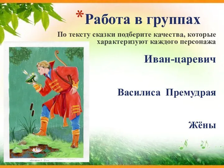 Работа в группах По тексту сказки подберите качества, которые характеризуют каждого персонажа Иван-царевич Василиса Премудрая Жёны