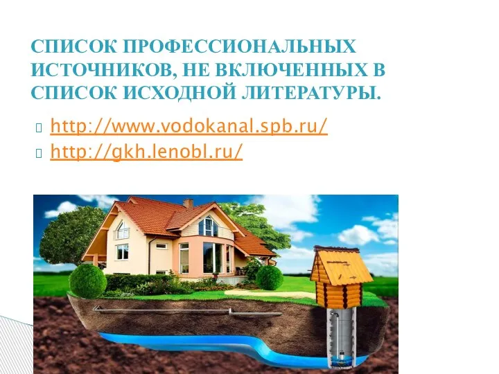 http://www.vodokanal.spb.ru/ http://gkh.lenobl.ru/ СПИСОК ПРОФЕССИОНАЛЬНЫХ ИСТОЧНИКОВ, НЕ ВКЛЮЧЕННЫХ В СПИСОК ИСХОДНОЙ ЛИТЕРАТУРЫ.