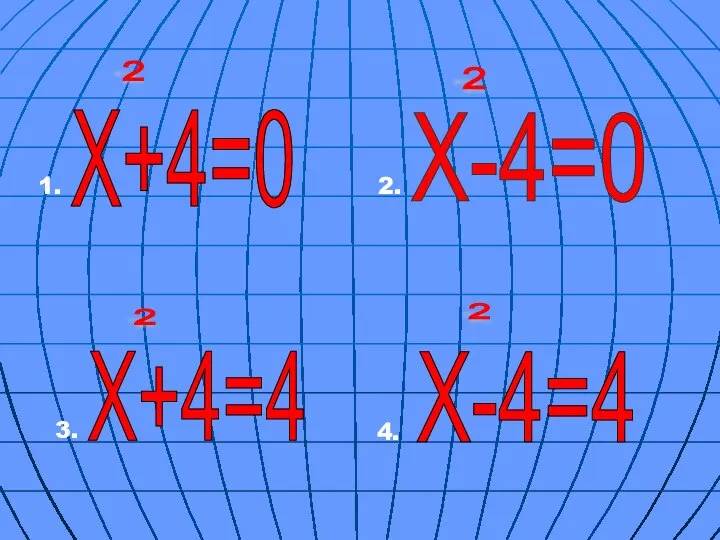 Х+4=0 2 Х-4=0 1. 2 Х+4=4 2 Х-4=4 2 2. 3. 4.