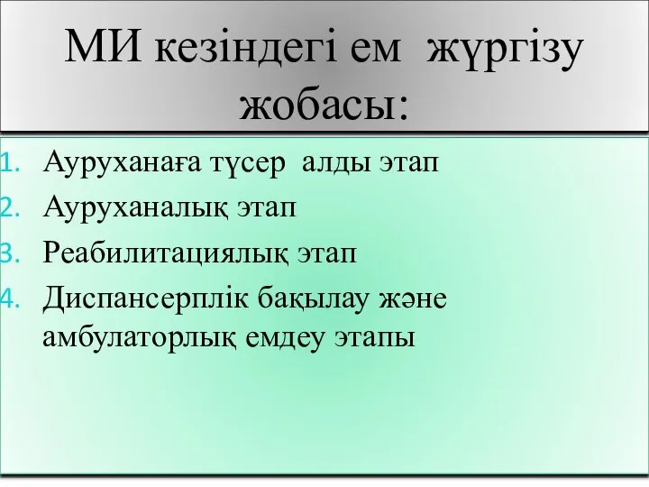 МИ кезіндегі ем жүргізу жобасы: Ауруханаға түсер алды этап Ауруханалық этап Реабилитациялық