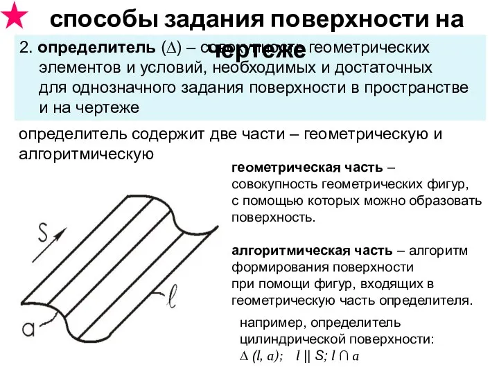 например, определитель цилиндрической поверхности: ∆ (l, а); l || S; l ∩