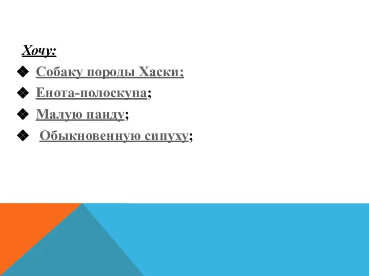 Хочу: Собаку породы Хаски; Енота-полоскуна; Малую панду; Обыкновенную сипуху;