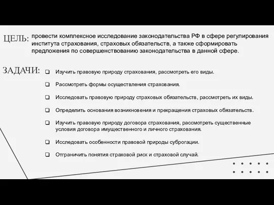ЦЕЛЬ: провести комплексное исследование законодательства РФ в сфере регулирования института страхования, страховых