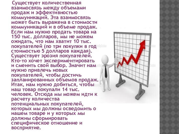 Существует количественная взаимосвязь между объемами продаж и эффективностью коммуникаций. Эта взаимосвязь может