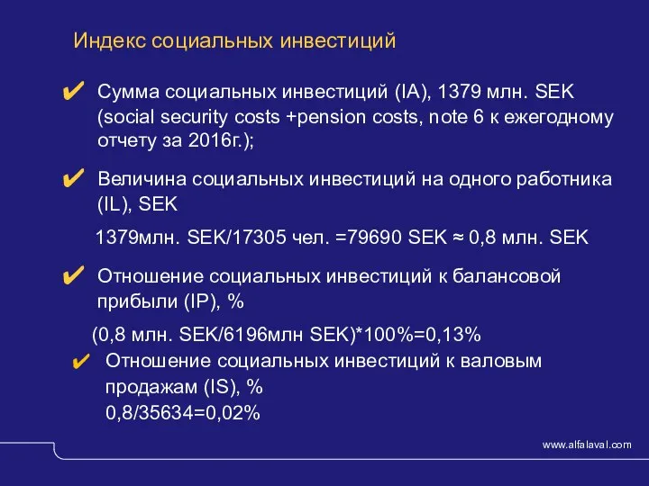 Индекс социальных инвестиций Сумма социальных инвестиций (IA), 1379 млн. SEK (social security