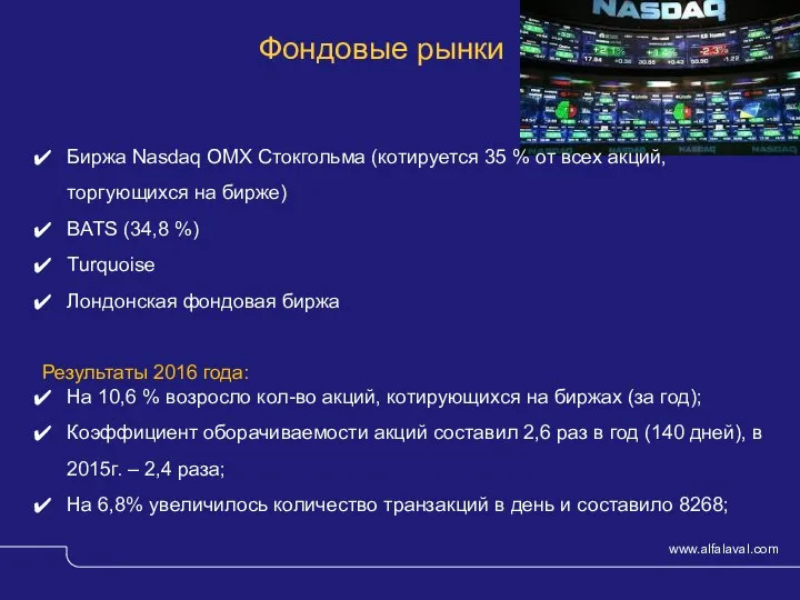 Фондовые рынки Биржа Nasdaq OMX Стокгольма (котируется 35 % от всех акций,