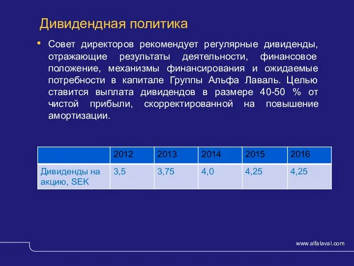 Дивидендная политика Совет директоров рекомендует регулярные дивиденды, отражающие результаты деятельности, финансовое положение,