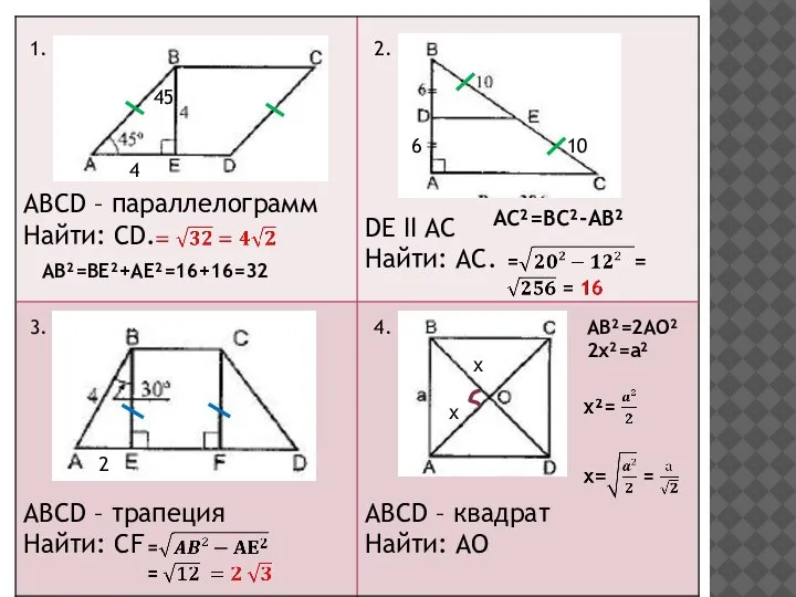 4 45 AB²=BE²+AE²=16+16=32 10 6 AC²=BC²­­­-AB² 2 х х AB²=2AO² 2х²=a² 1. 2. 3. 4.