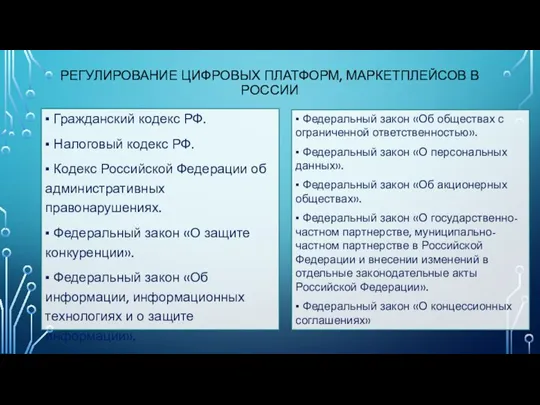 РЕГУЛИРОВАНИЕ ЦИФРОВЫХ ПЛАТФОРМ, МАРКЕТПЛЕЙСОВ В РОССИИ ▪ Федеральный закон «Об обществах с