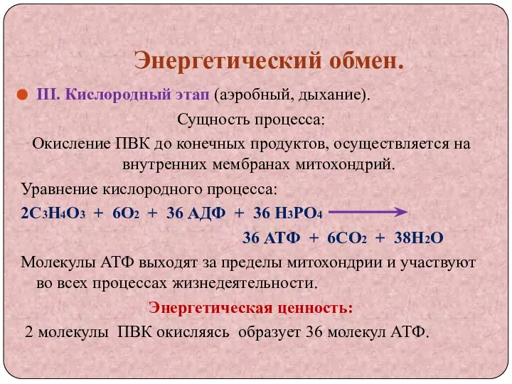 Энергетический обмен. III. Кислородный этап (аэробный, дыхание). Сущность процесса: Окисление ПВК до