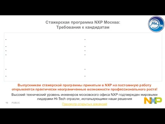Стажерская программа NXP Москва: Требования к кандидатам Выпускникам стажерской программы принятым в