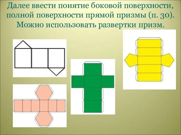 Далее ввести понятие боковой поверхности, полной поверхности прямой призмы (п. 30). Можно использовать развертки призм.