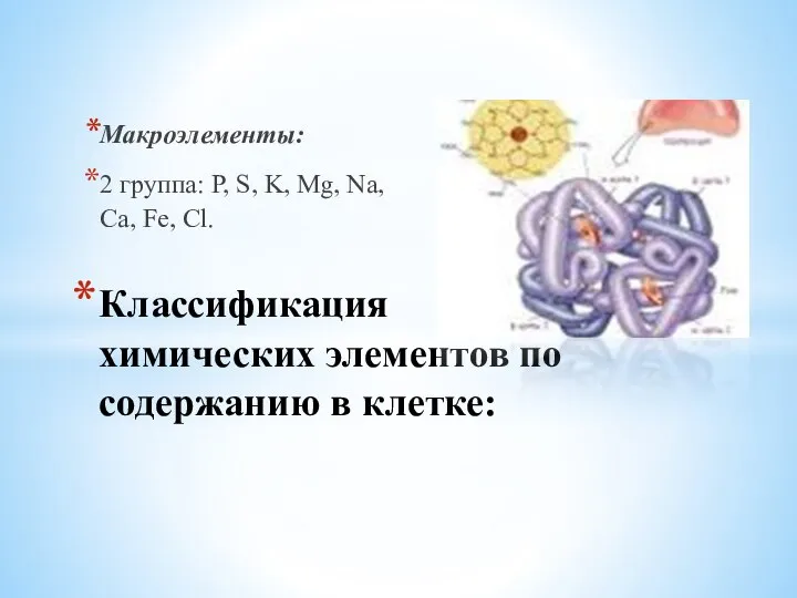 Макроэлементы: 2 группа: P, S, K, Mg, Na, Ca, Fe, Cl. Классификация