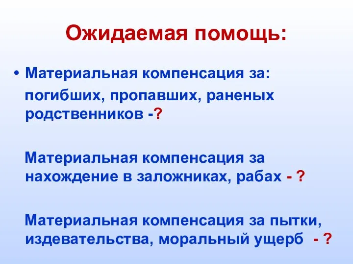 Ожидаемая помощь: Материальная компенсация за: погибших, пропавших, раненых родственников -? Материальная компенсация