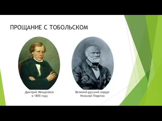ПРОЩАНИЕ С ТОБОЛЬСКОМ Дмитрий Менделеев в 1855 году Великий русский хирург Николай Пирогов