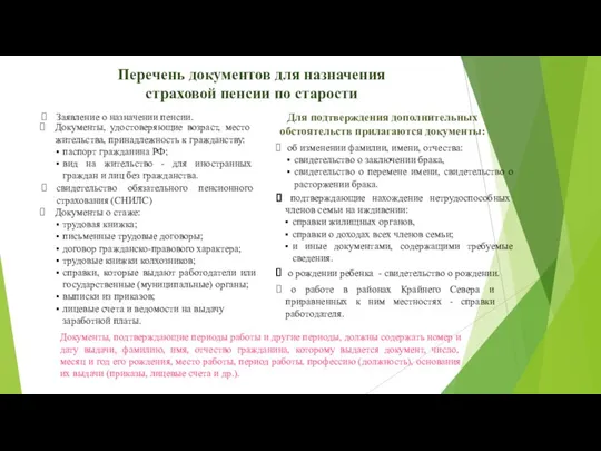 Перечень документов для назначения страховой пенсии по старости Заявление о назначении пенсии.