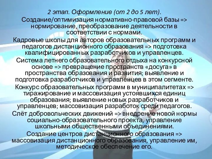 2 этап. Оформление (от 2 до 5 лет). Создание/оптимизация нормативно-правовой базы =>