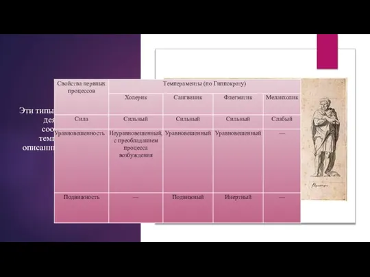 Эти типы высшей нервной деятельности соответствуют темпераментам, описанным Гиппократом