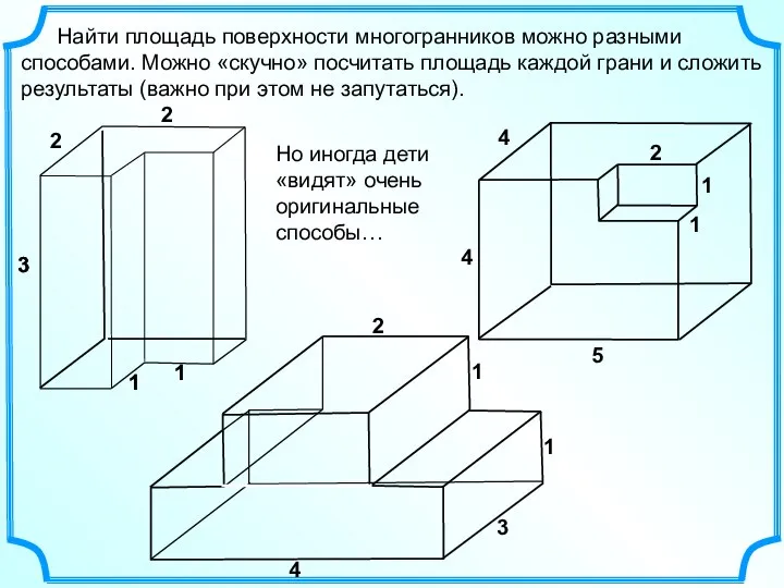 Найти площадь поверхности многогранников можно разными способами. Можно «скучно» посчитать площадь каждой