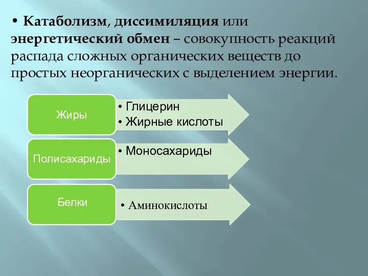 • Катаболизм, диссимиляция или энергетический обмен – совокупность реакций распада сложных органических