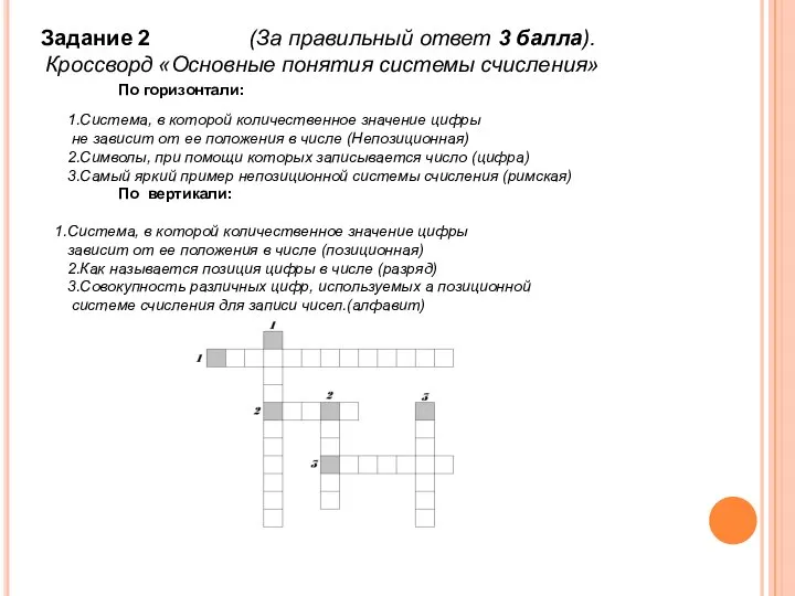 Задание 2 (За правильный ответ 3 балла). Кроссворд «Основные понятия системы счисления»