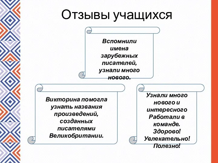 Отзывы учащихся Узнали много нового и интересного Работали в команде. Здорово! Увлекательно!