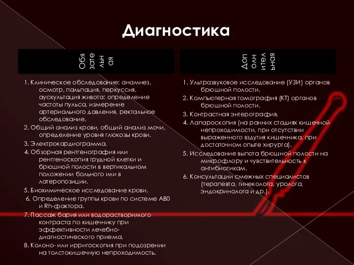 Диагностика Обязательная Дополнительная 1. Клиническое обследование: анамнез, осмотр, пальпация, перкуссия, аускультация живота;