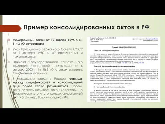 Пример консолидированных актов в РФ Федеральный закон от 12 января 1995 г.