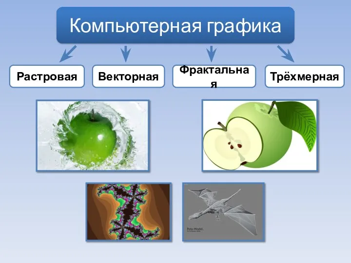 Компьютерная графика Растровая Векторная Фрактальная Трёхмерная