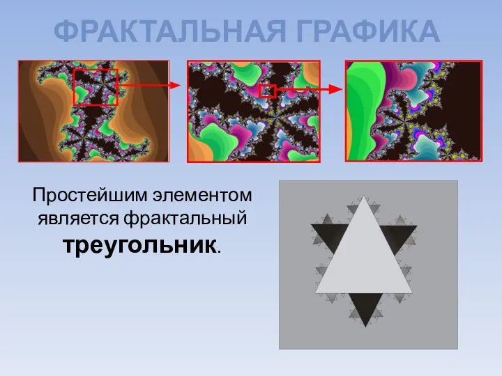 ФРАКТАЛЬНАЯ ГРАФИКА Простейшим элементом является фрактальный треугольник.