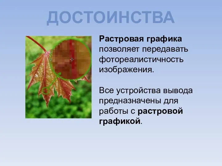 ДОСТОИНСТВА Растровая графика позволяет передавать фотореалистичность изображения. Все устройства вывода предназначены для работы с растровой графикой.