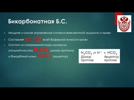 Бикарбонатная Б.С. Мощная и самая управляемая система внеклеточной жидкости и крови Составляет