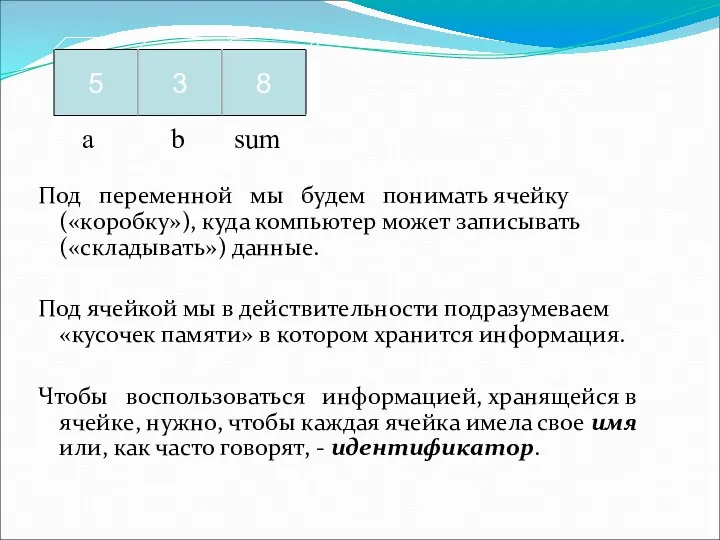 Под переменной мы будем понимать ячейку («коробку»), куда компьютер может записывать («складывать»)