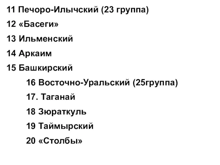 11 Печоро-Илычский (23 группа) 12 «Басеги» 13 Ильменский 14 Аркаим 15 Башкирский