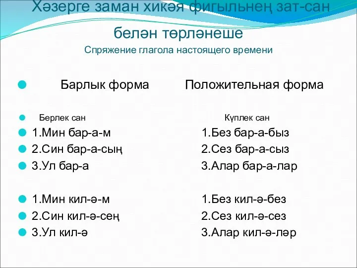 Хәзерге заман хикәя фигыльнең зат-сан белән төрләнеше Спряжение глагола настоящего времени Барлык