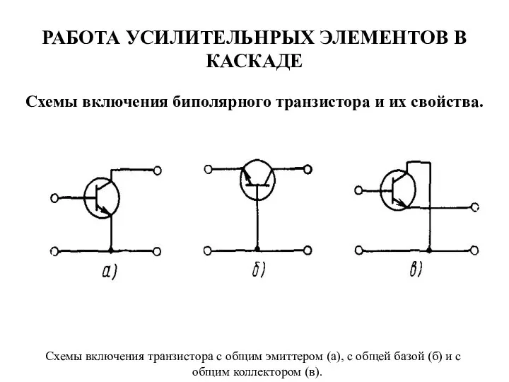 РАБОТА УСИЛИТЕЛЬНРЫХ ЭЛЕМЕНТОВ В КАСКАДЕ Схемы включения биполярного транзистора и их свойства.