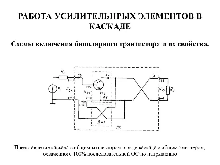 РАБОТА УСИЛИТЕЛЬНРЫХ ЭЛЕМЕНТОВ В КАСКАДЕ Схемы включения биполярного транзистора и их свойства.