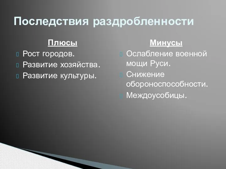 Последствия раздробленности Плюсы Рост городов. Развитие хозяйства. Развитие культуры. Минусы Ослабление военной