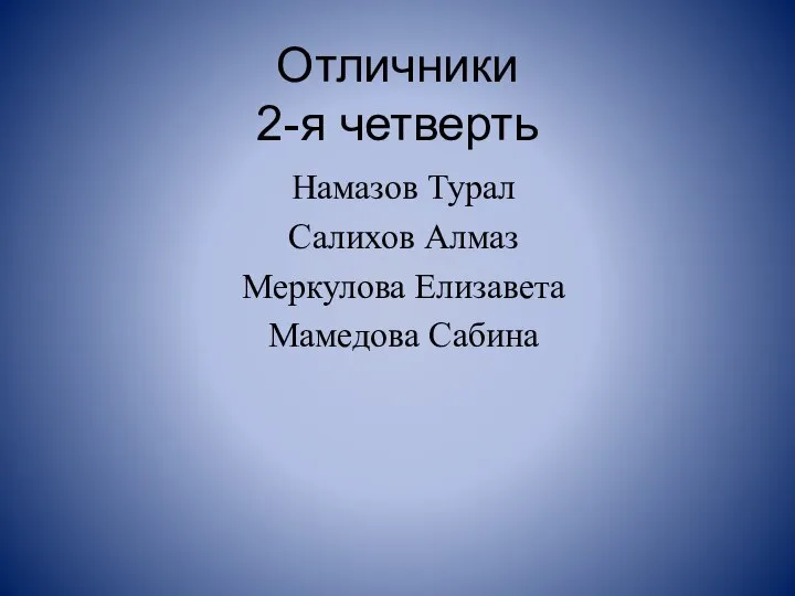 Отличники 2-я четверть Намазов Турал Салихов Алмаз Меркулова Елизавета Мамедова Сабина