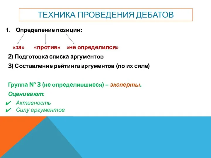 ТЕХНИКА ПРОВЕДЕНИЯ ДЕБАТОВ Определение позиции: «за» «против» «не определился» 2) Подготовка списка