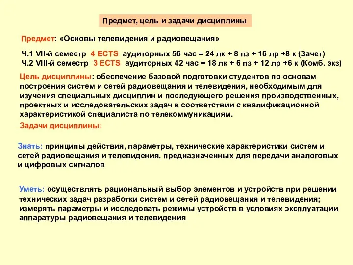 Предмет, цель и задачи дисциплины Предмет: «Основы телевидения и радиовещания» Ч.1 VII-й