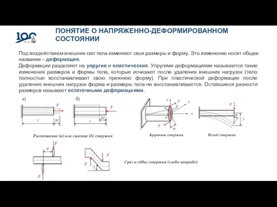 ПОНЯТИЕ О НАПРЯЖЕННО-ДЕФОРМИРОВАННОМ СОСТОЯНИИ Под воздействием внешних сил тела изменяют свои размеры