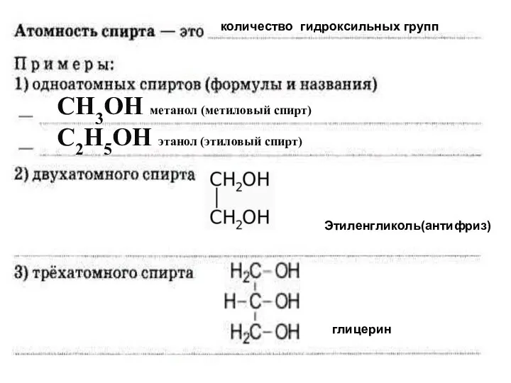 СН3ОН метанол (метиловый спирт) С2Н5ОН этанол (этиловый спирт) количество гидроксильных групп глицерин Этиленгликоль(антифриз)