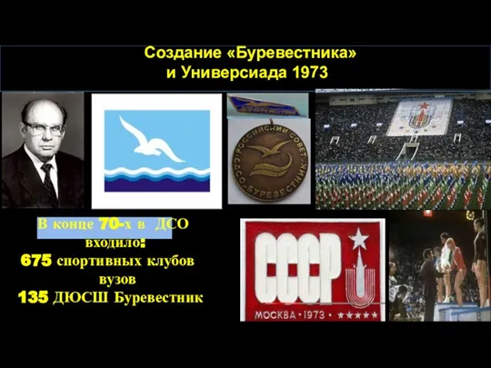 Создание «Буревестника» и Универсиада 1973 В конце 70-х в ДСО входило: 675