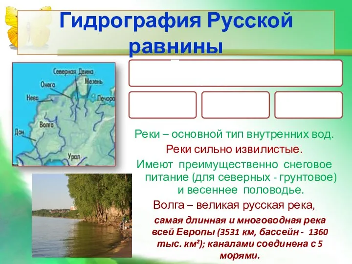 Гидрография Русской равнины Реки – основной тип внутренних вод. Реки сильно извилистые.