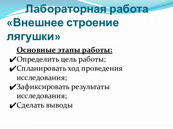 Лабораторная работа «Внешнее строение лягушки» Основные этапы работы: Определить цель работы; Спланировать