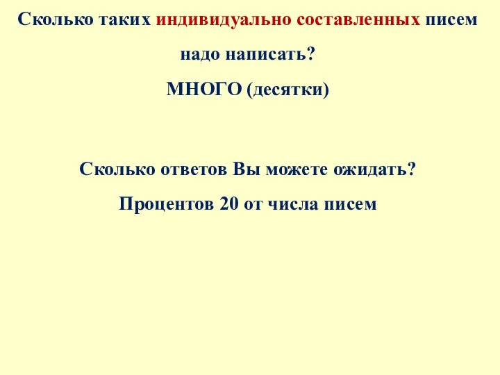 Сколько таких индивидуально составленных писем надо написать? МНОГО (десятки) Сколько ответов Вы