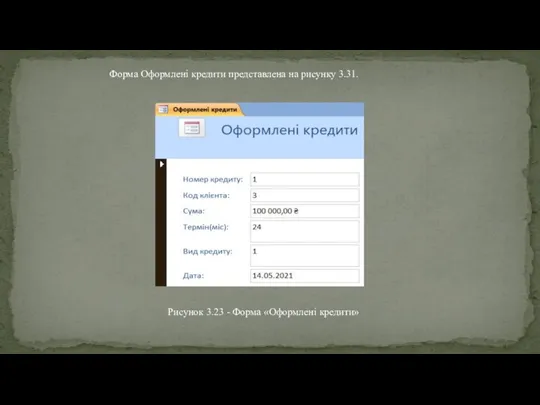 Форма Оформлені кредити представлена на рисунку 3.31. Рисунок 3.23 - Форма «Оформлені кредити»