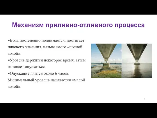 Механизм приливно-отливного процесса Вода постепенно поднимается, достигает пикового значения, называемого «полной водой».