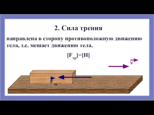 2. Сила трения направлена в сторону противоположную движению тела, т.е. мешает движению тела. [Fтр]=[H]